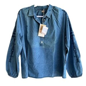Faherty Medium Doug Good Feather Journey Top Boho Popover Blue Indigo Dyed NWT